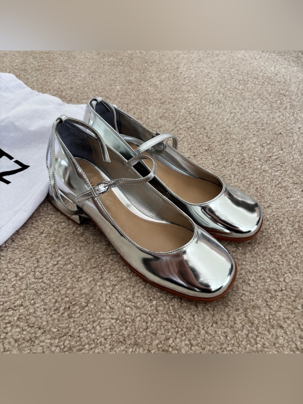 Schutz Dorothy Silver Metallic Leather Block Heel Pumps Women Shoes